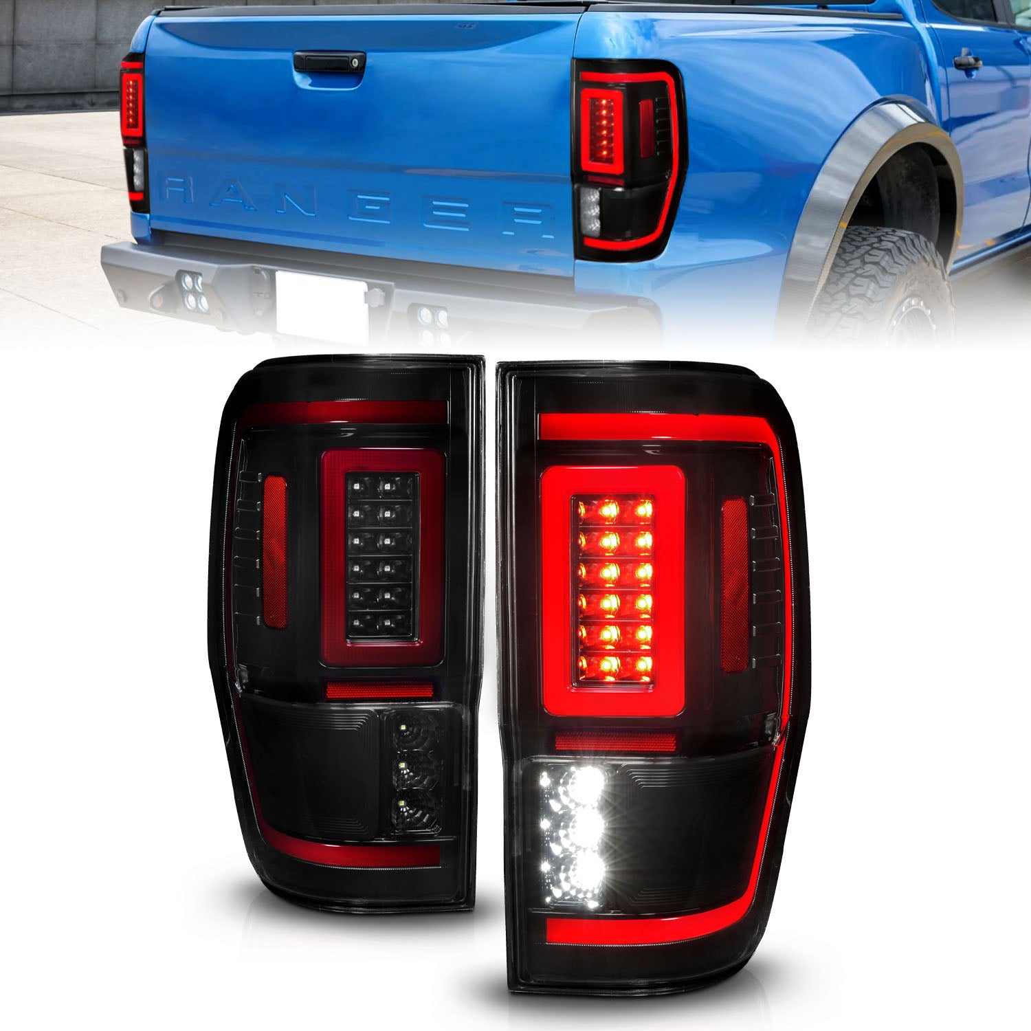 ANZO 19-22 Ford Ranger Full LED Taillights w/ Lightbar Sequential Signal Black Housing/Smoke Lens - 311447 for 2019-2023 Ford