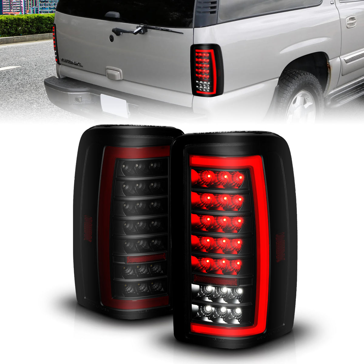 ANZO 00-06 Chevrolet Tahoe / GMC Yukon Full LED Taillights w/ Lightbar Black Housing/Smoke Lens - 311449 for 2000-2006 Chevro