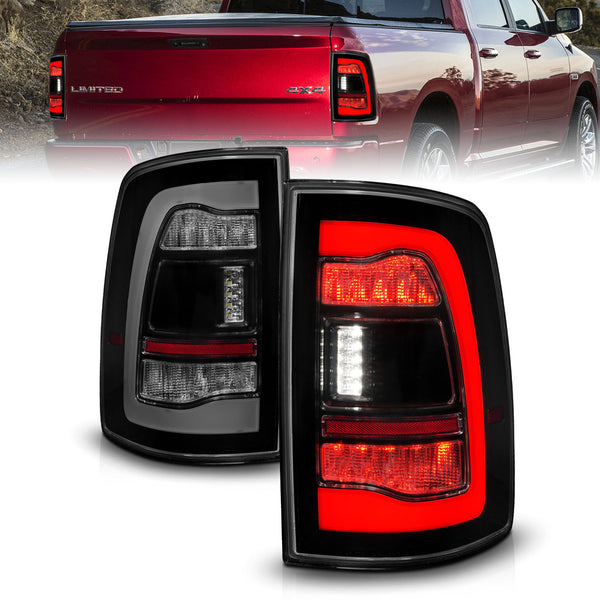 ANZO 09-18 Dodge Ram 1500 Sequential LED Taillights Smoke Black - 311470 for 2019-2023 Ram 1500 Classic - front view