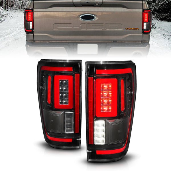 ANZO 21-23 Ford F-150 LED Taillights Seq. Signal w/BLIS Cover - Black Housing - 311473 for 2021-2023 Ford F 150 - front view