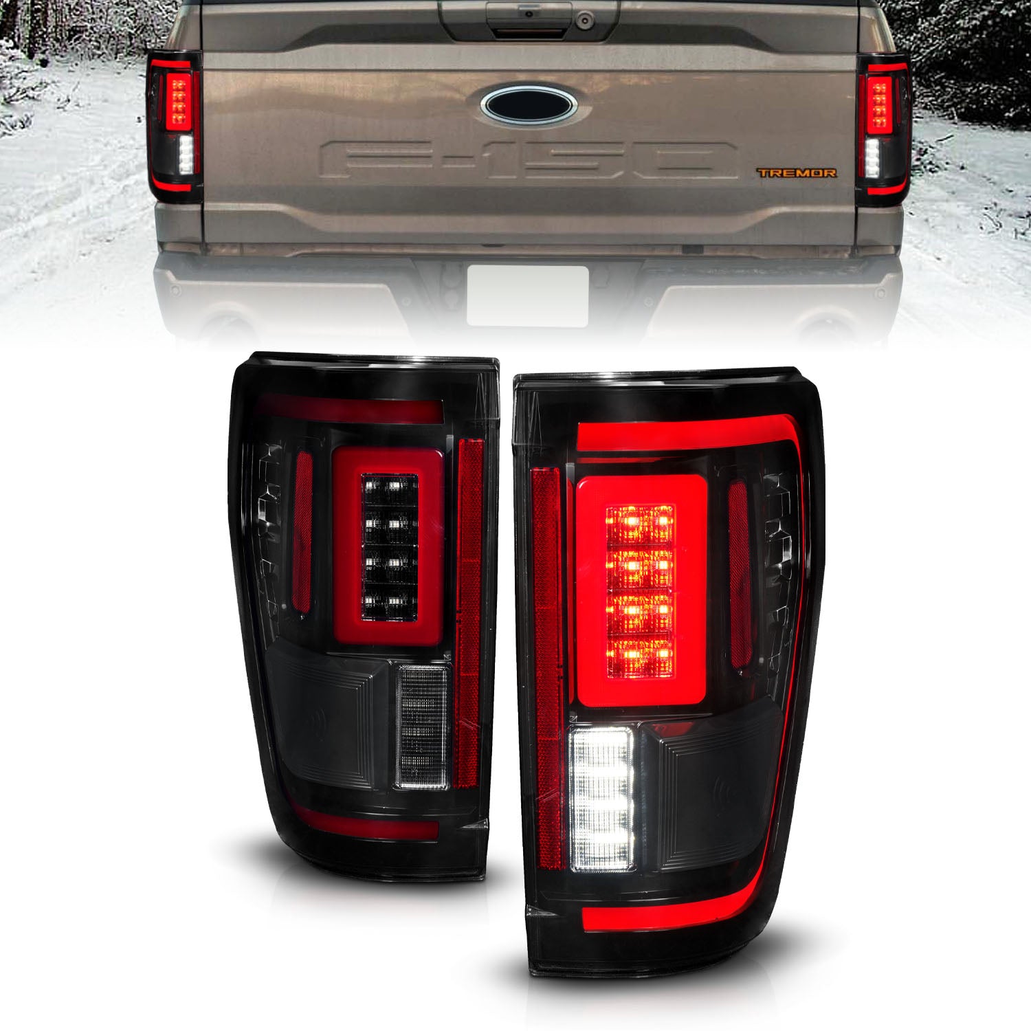 ANZO 21-23 Ford F-150 LED Taillights Seq. Signal w/BLIS Cover - Black Smoke - 311474 for 2021-2023 Ford F 150 - front view