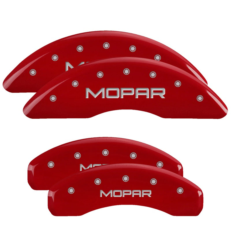 MGP 4 Caliper Covers Engraved Front &amp; Rear MOPAR Red finish silver ch - 32002SMOPRD