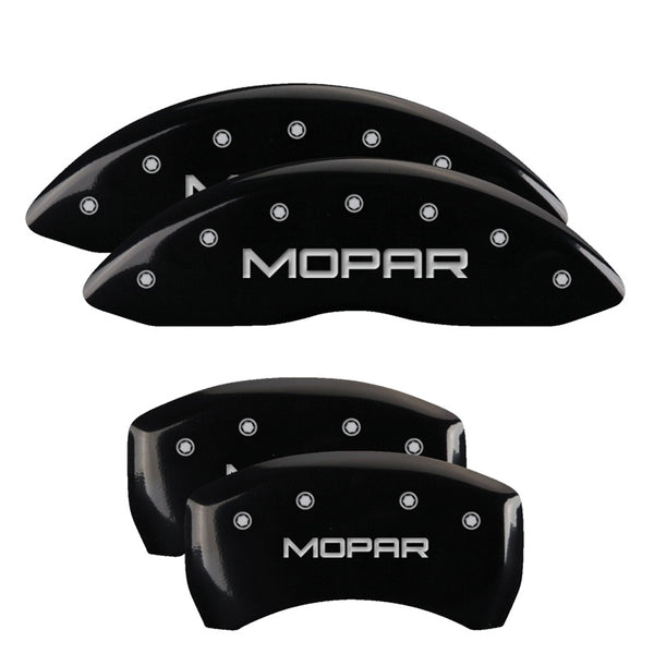MGP 4 Caliper Covers Engraved Front &amp; Rear MOPAR Black finish silver ch - 32004SMOPBK