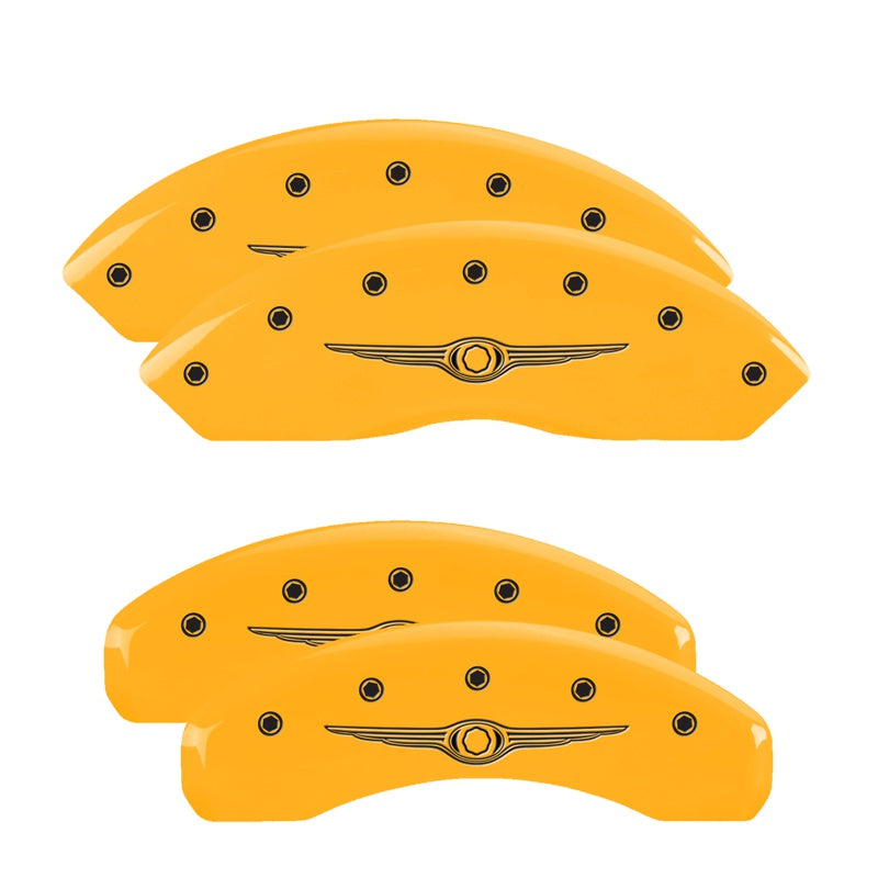 MGP 4 Caliper Covers Engraved Front &amp; Rear Style 1/Chrysler Wing Yellow finish black ch - 32021SCW1YL