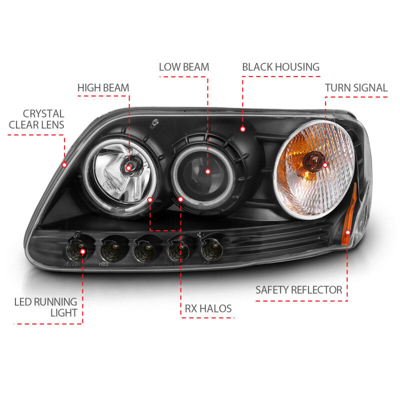 ANZO 1997-2003 Ford F-150 Projector Headlights w/ Halo Black (CCFL) - 111097