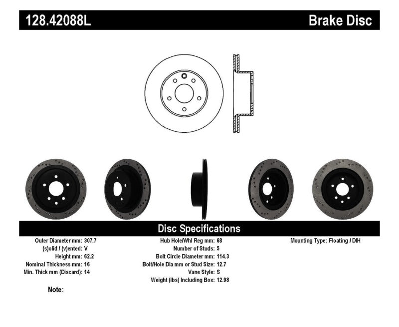 StopTech 08-09 Infiniti EX35 / 05-08 G35 / 09 G37 / 06-09 M35/M45 Drilled Left Rear Rotor - 128.42088L