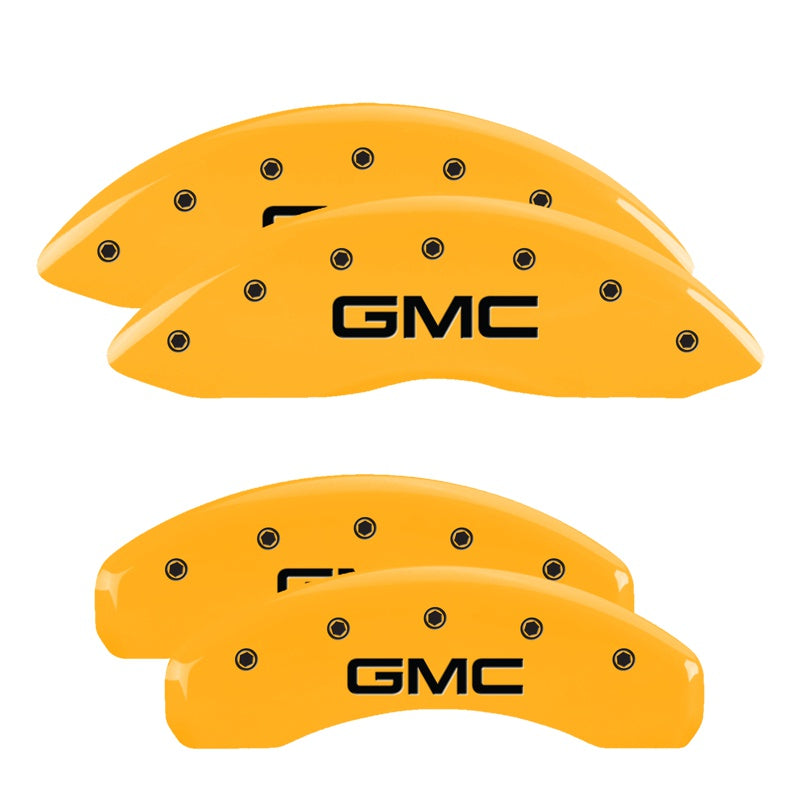 MGP 4 Caliper Covers Engraved Front &amp; Rear 99-03 GMC Sierra 1500 Yellow Finish Black GMC Logo - 34006SGMCYL