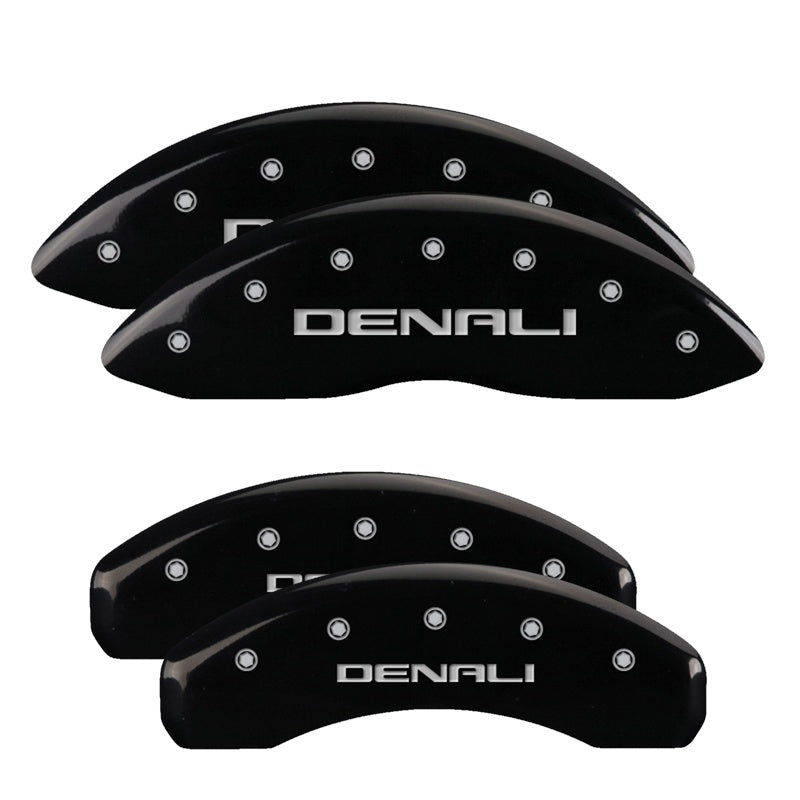 MGP 4 Caliper Covers Engraved Front &amp; Rear Denali Black Finish Silver Char 2019 GMC Sierra 1500 - 34217SDNLBK