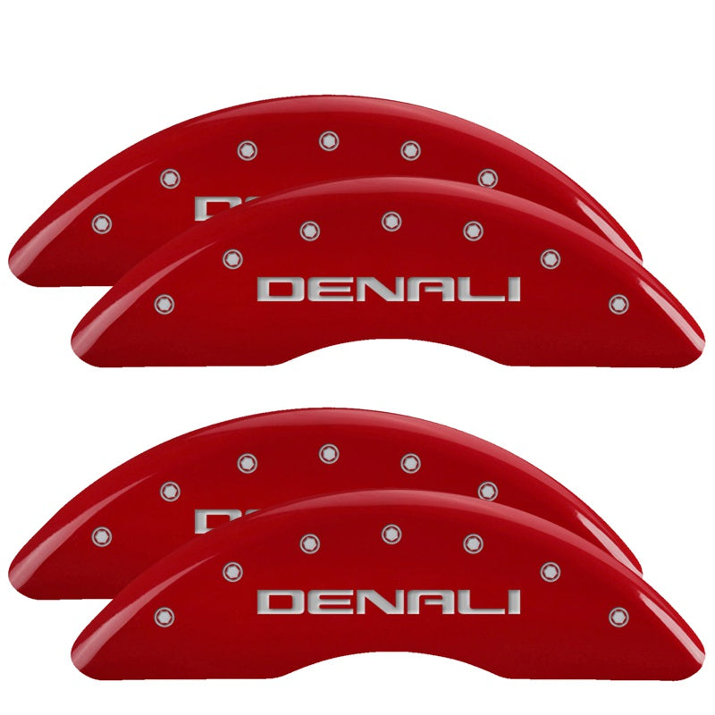 MGP 4 Caliper Covers Engraved Front &amp; Rear Red Finish Silver Characters for 20-22 GMC Sierra 2500HD - 34219SDNLRD