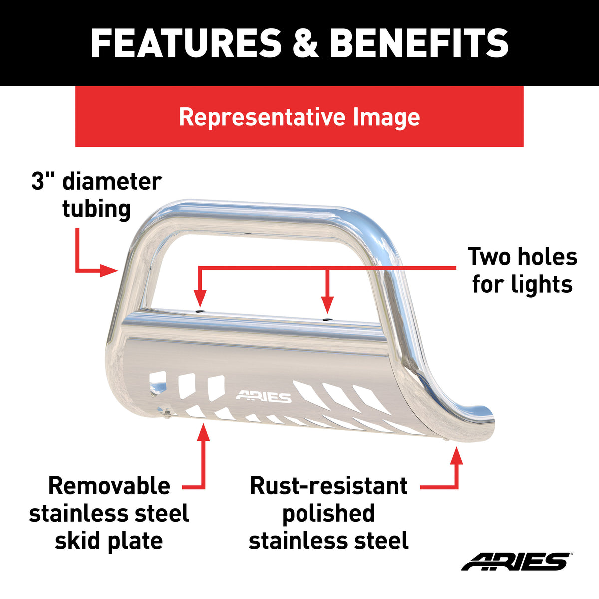ARIES 35-2002 3-Inch Polished Stainless Steel Bull Bar, No-Drill, Select Toyota Tacoma