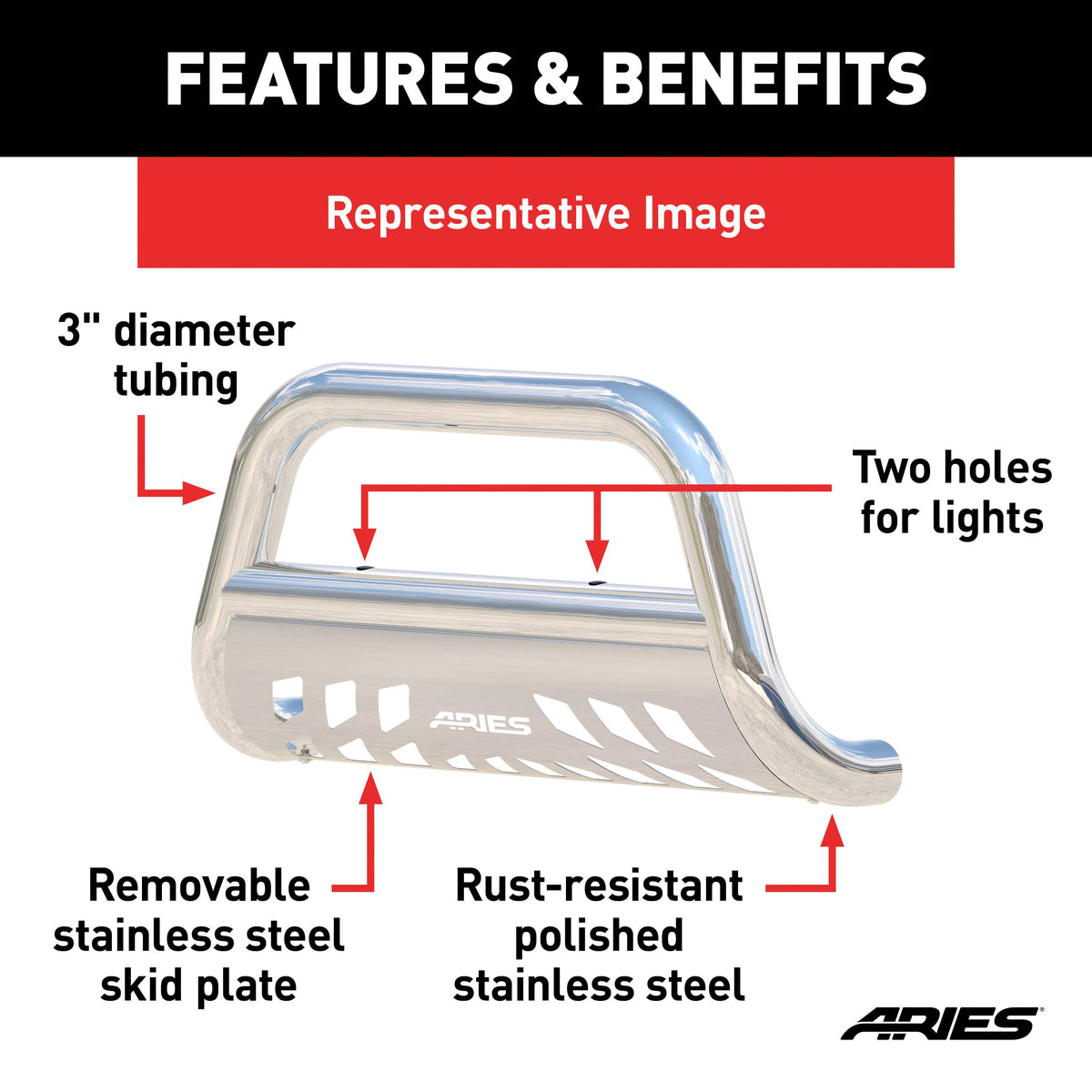 ARIES 35-3007 3-Inch Polished Stainless Steel Bull Bar, No-Drill, Select Ford Expedition, F-150, Lincoln Mark LT