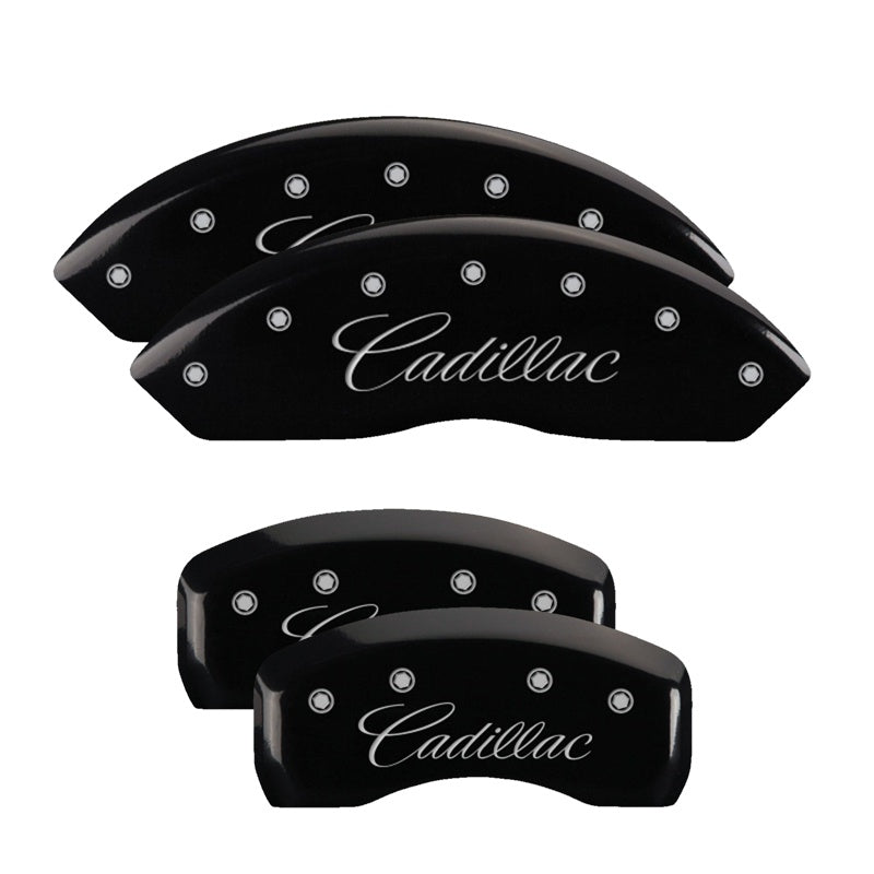 MGP 4 Caliper Covers Engraved Front &amp; Rear Cursive/Cadillac Black finish silver ch - 35002SCADBK