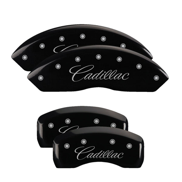 MGP 4 Caliper Covers Engraved Front &amp; Rear Cursive/Cadillac Black finish silver ch - 35002SCADBK