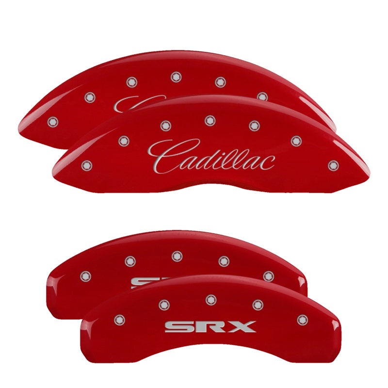 MGP 4 Caliper Covers Engraved Front Cursive/Cadillac Engraved Rear SRX Red finish silver ch - 35004SSRXRD