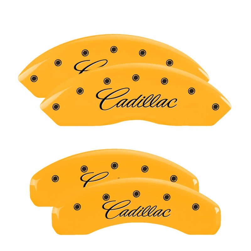 MGP 4 Caliper Covers Engraved F &amp; R Cursive/Cadillac Yellow Finish Black Char 2007 Cadillac DTS - 35005SCADYL