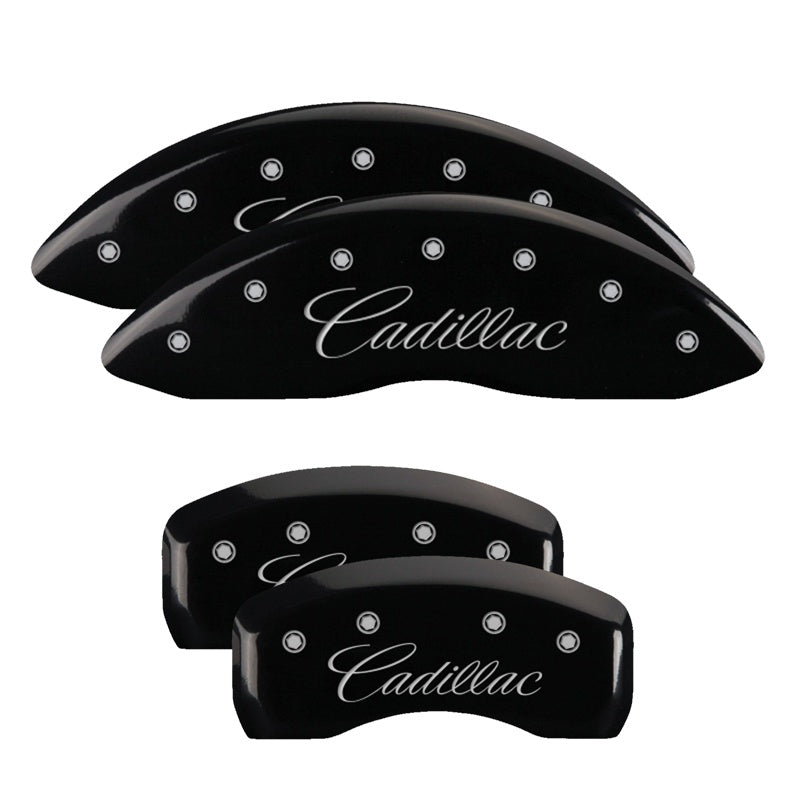 MGP 4 Caliper Covers Engraved Front &amp; Rear Cursive/Cadillac Black finish silver ch - 35007SCADBK