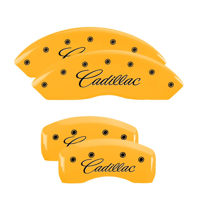MGP 4 Caliper Covers Engraved F &amp; R Cursive/Cadillac Yellow Finish Black Char 2004 Cadillac CTS - 35010SCADYL