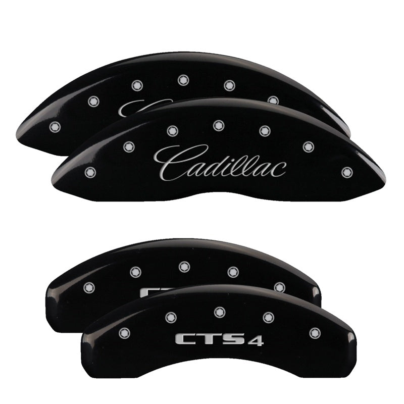 MGP 4 Caliper Covers Engraved Front Cursive/Cadillac Engraved Rear CTS4 Black finish silver ch - 35011SCT4BK