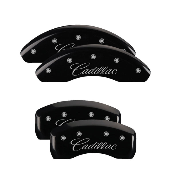 MGP 4 Caliper Covers Engraved Front &amp; Rear Cursive/Cadillac Black finish silver ch - 35023SCADBK