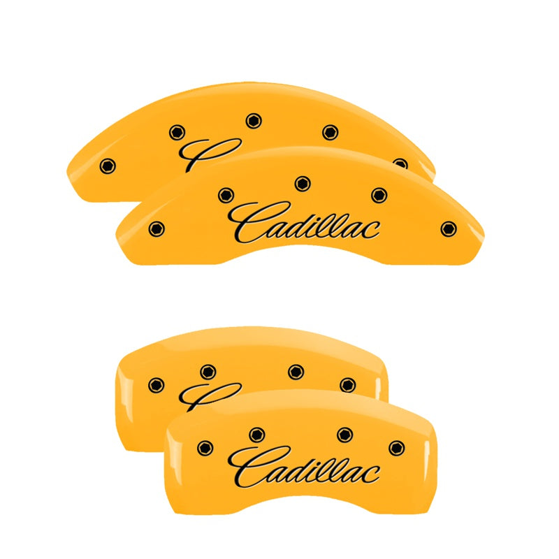 MGP 4 Caliper Covers Engraved Front &amp; Rear Cursive/Cadillac Yellow finish black ch - 35023SCADYL