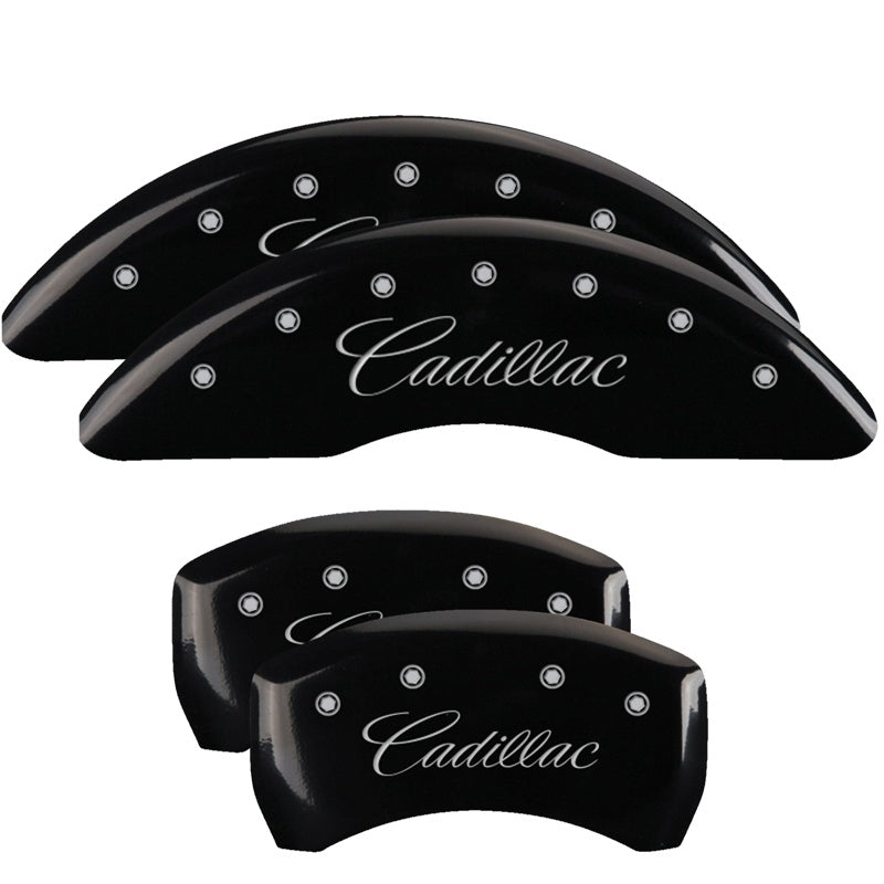MGP 4 Caliper Covers Engraved Front &amp; Rear Cursive/Cadillac Black finish silver ch - 35024SCADBK