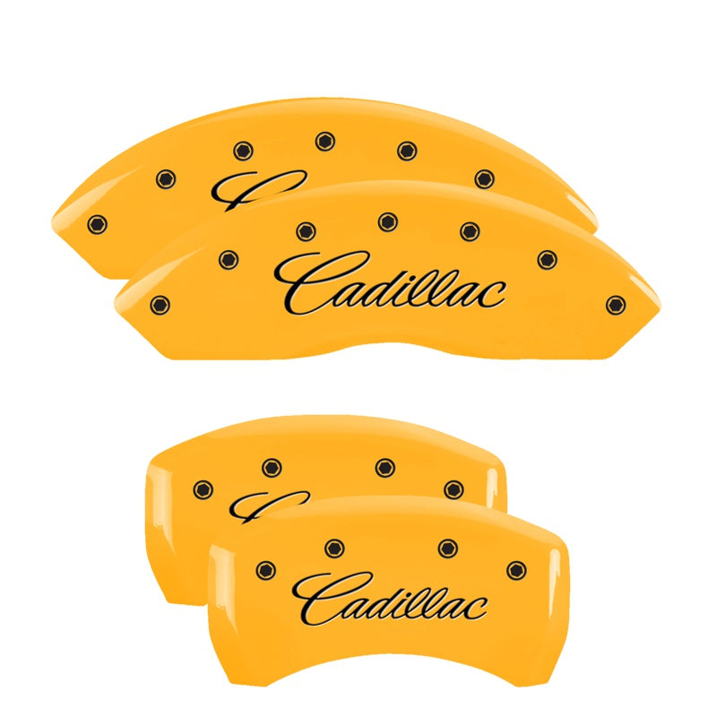MGP 4 Caliper Covers Engraved F &amp; R Cursive/Cadillac Yellow Finish Black Char 2017 Cadillac XT5 - 35025SCADYL
