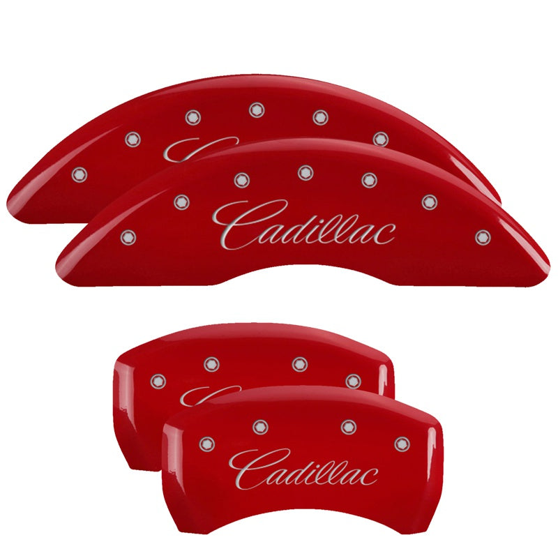MGP 4 Caliper Covers Engraved Front &amp; Rear Cursive/Cadillac Red Finish Silver Char 2016 Cadillac CT6 - 35026SCADRD