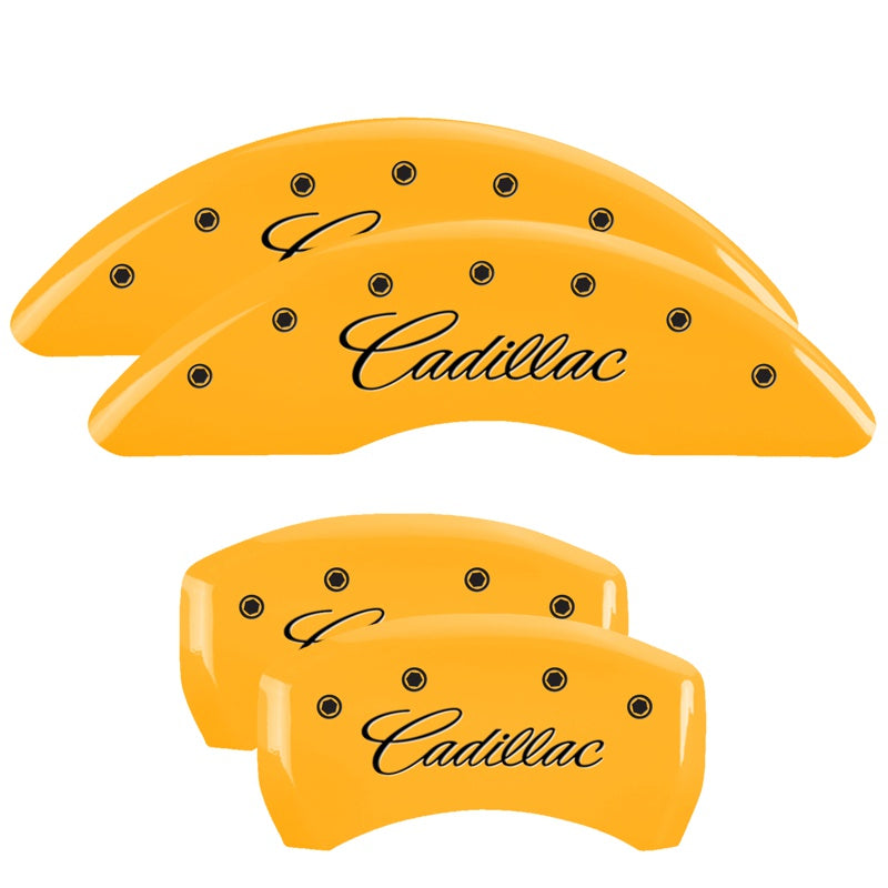 MGP 4 Caliper Covers Engraved F &amp; R Cursive/Cadillac Yellow Finish Black Char 2017 Cadillac CT6 - 35026SCADYL