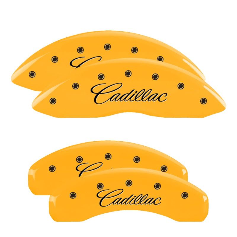 MGP 4 Caliper Covers Engraved F &amp; R Cursive/Cadillac Yellow Finish Black Char 2014 Cadillac CTS - 35028SCADYL