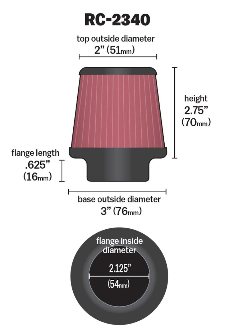 K&amp;N Universal Chrome Filter 2.125 in Flange ID / 3in Base OD / 2in Top OD / 2.75in Height - RC-2340