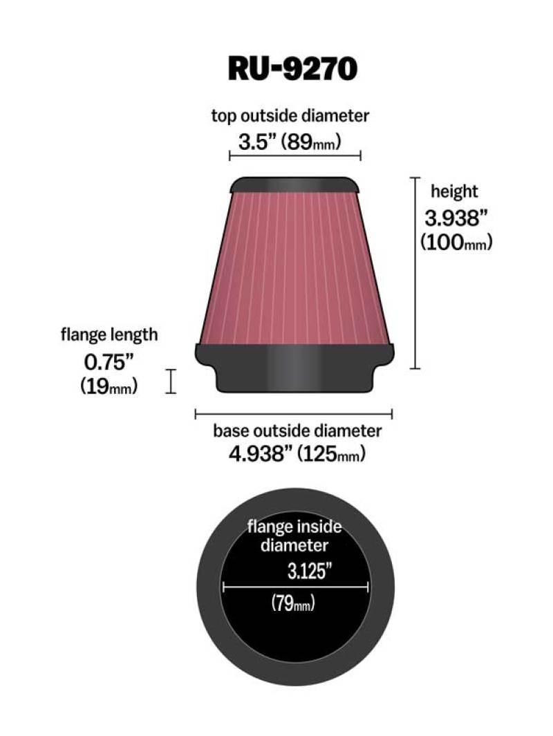 K&amp;N Universal Tapered Filter 3-1/8in Flange IDx4-15/16in Base OD x 3-1/2in Top OD x 3-15/16in Height - RU-9270