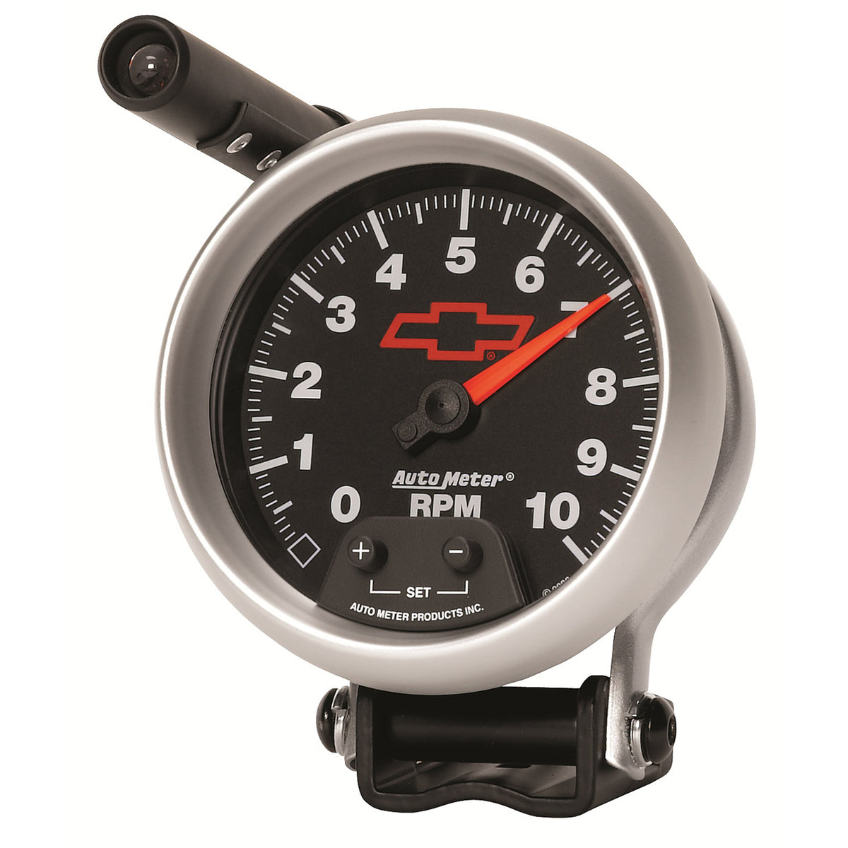 Autometer GM Red Bowtie Black 3-3/4in 0-10000 RPM Pedestal Mount Tachometer Quick-Lite - 3690-00406