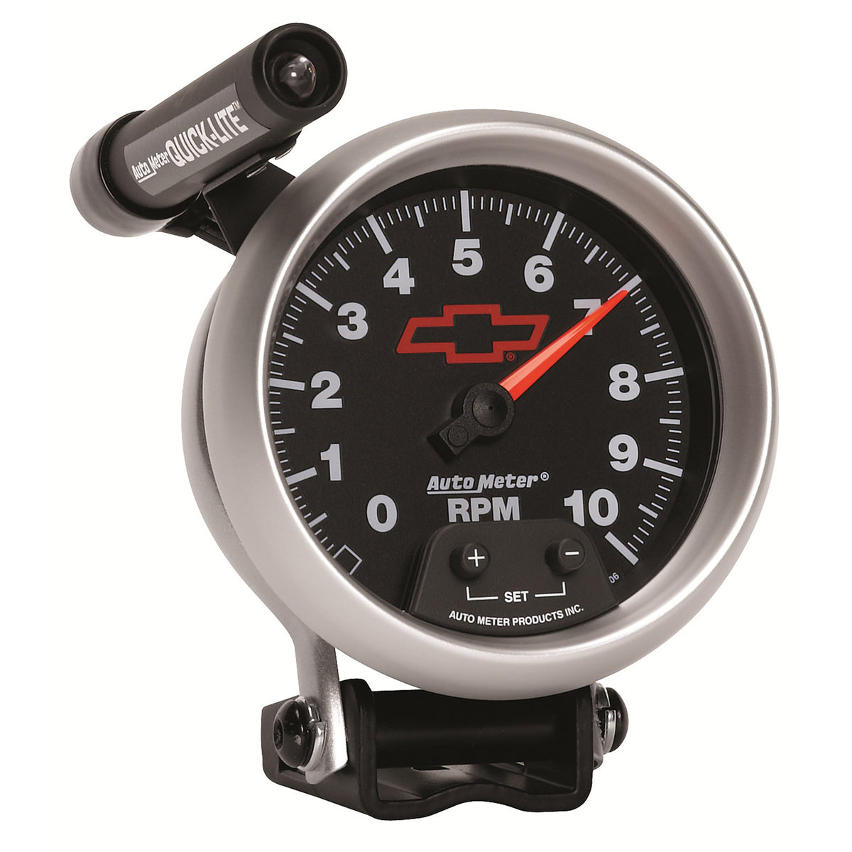 Autometer GM Red Bowtie Black 3-3/4in 0-10000 RPM Pedestal Mount Tachometer Quick-Lite - 3690-00406