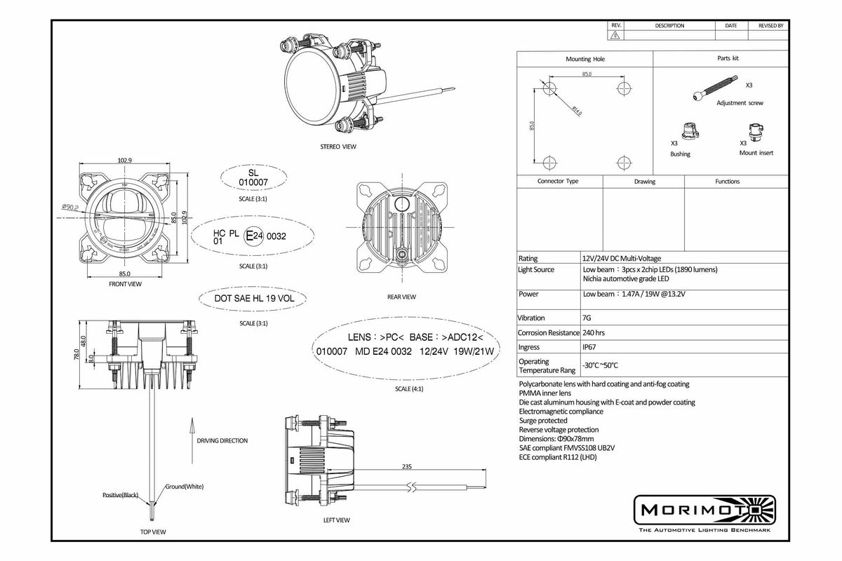 Morimoto - Sealed Beam: Sealed3 (90mm / Hi/Lo Beam) - LF802.2