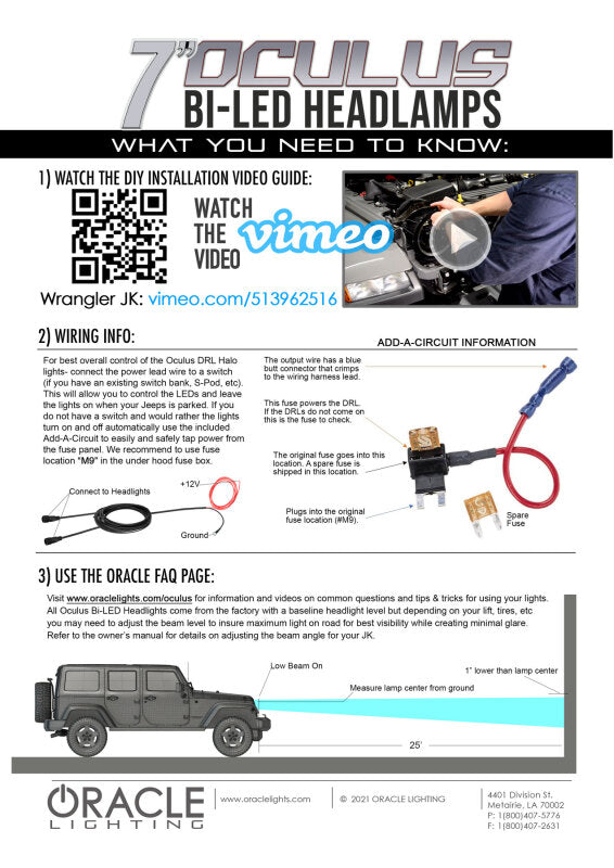 Oracle Oculus 7in Bi-LED Projector Headlights for Jeep Wrangler JK - 6000K SEE WARRANTY - 5876-001