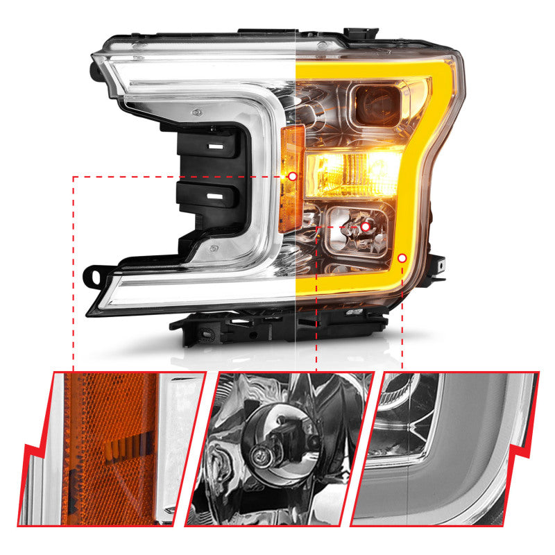 ANZO 2018-2020 Ford F-150 Projector Headlight w/Plank Style Switchback Chrome Housing - 111510