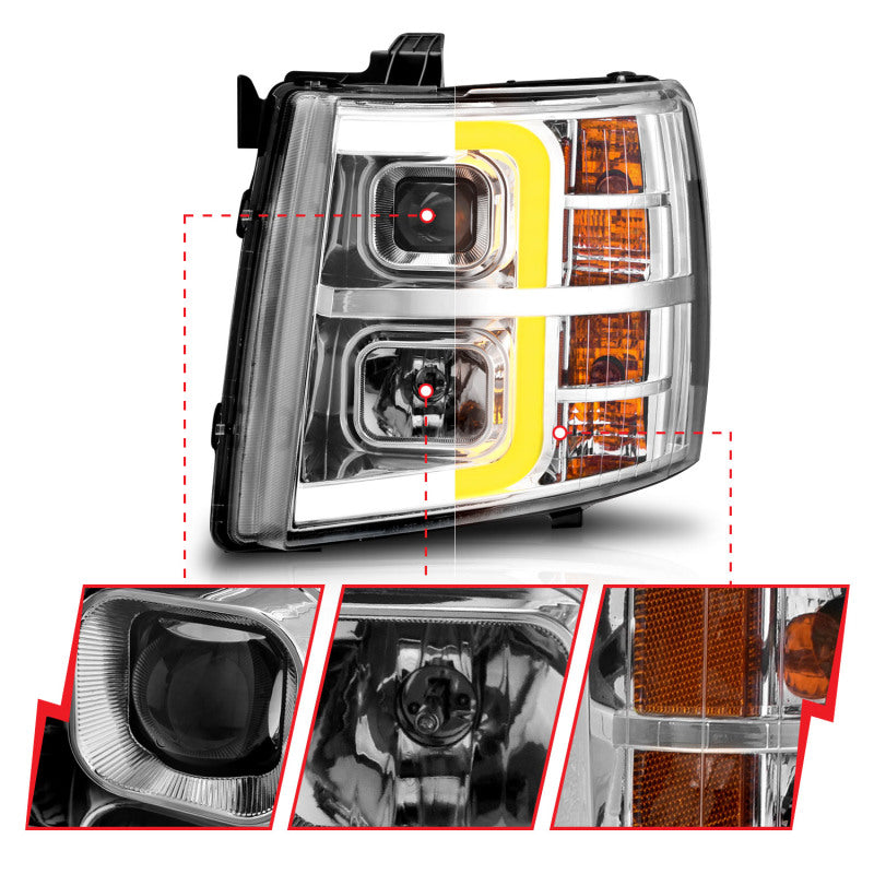 ANZO 2007-2013 Chevrolet Silverado 1500 Projector w/ Light Bar Chrome Housing w/ Sequential - 111546