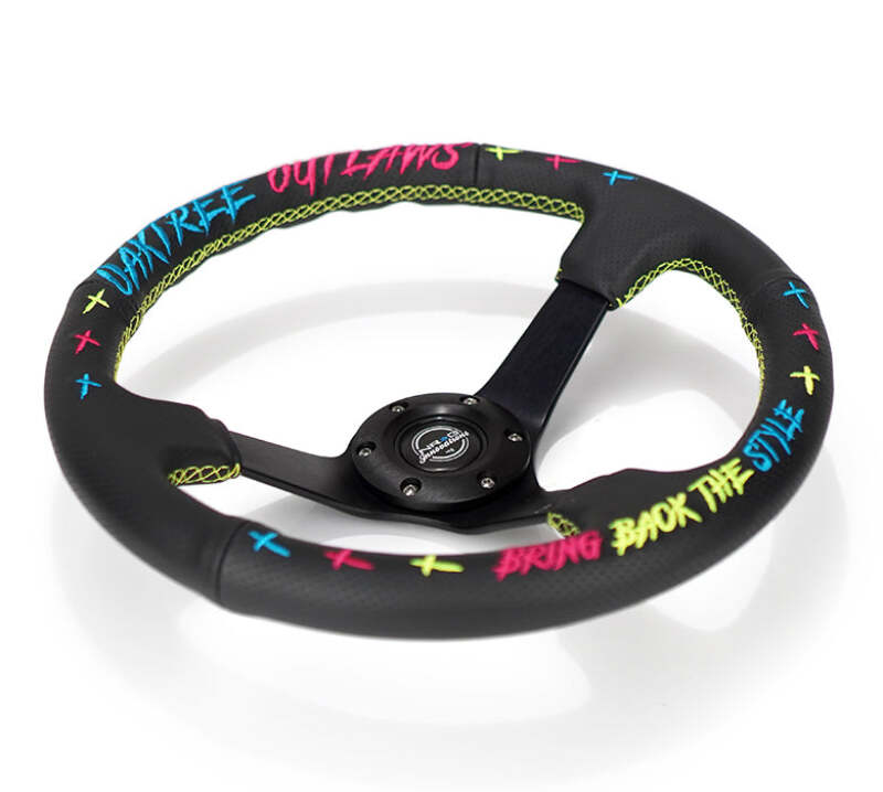 NRG Reinforced Steering Wheel - Oak Tree Outlaws 3in Deep/5mm Blk Spoke 350mm Wheel - Blk Perf Lthr - RST-036MB-OTOL-TRI - close-up view 2 3 4
