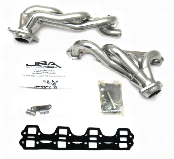 JBA 87-96 Ford F-150 5.8L SBF 1-5/8in Primary Silver Ctd Cat4Ward Header - 1628SJS for 1986-1996 Ford F 150 - front view
