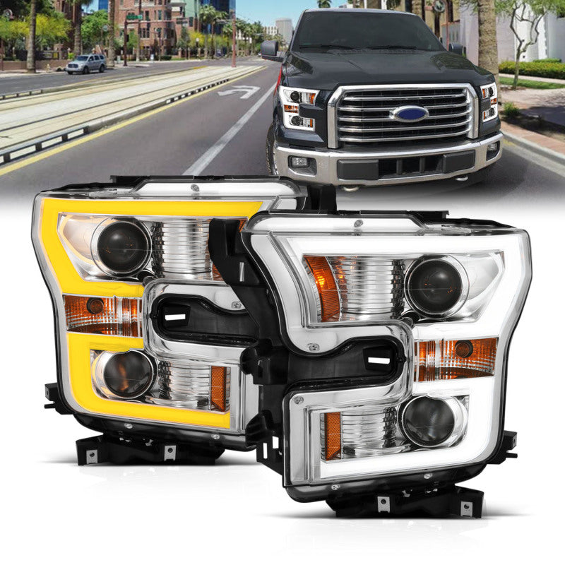 ANZO 2015-2017 Ford F-150 Projector Headlights w/ Plank Style Switchback Chrome w/ Amber - 111358