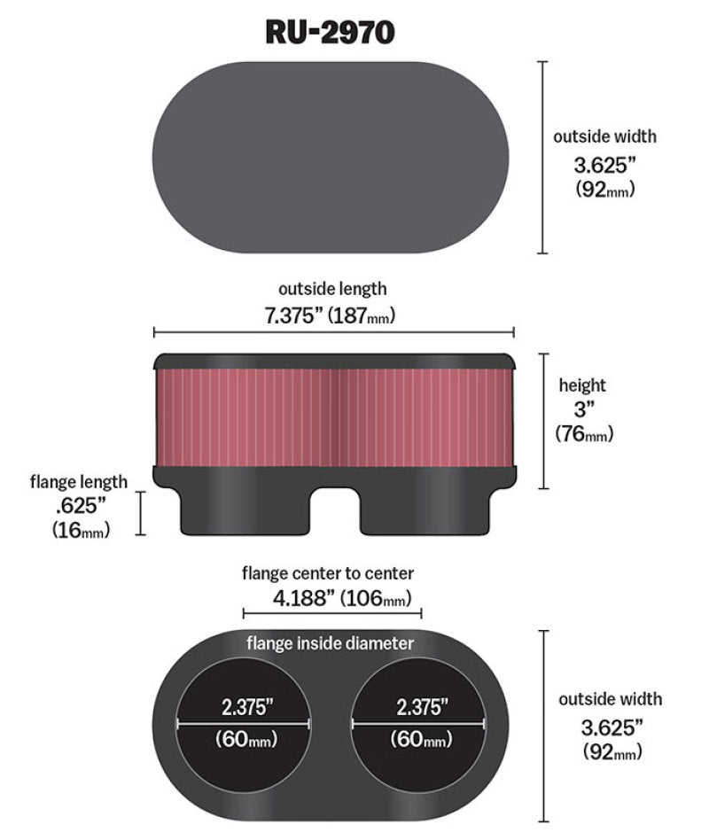 K&amp;N Filter Universal  Filter 2 3/8 inch Dual Flange 107mm C-C 3 inch Height - RU-2970