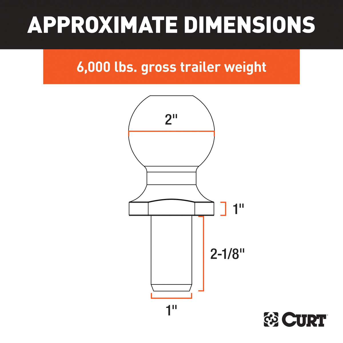CURT 40033 Chrome Trailer Hitch Ball, 6,000 lbs, 1-Inch Rise, 2-Inch Diameter, 1 x 2-1/8-Inch Shank