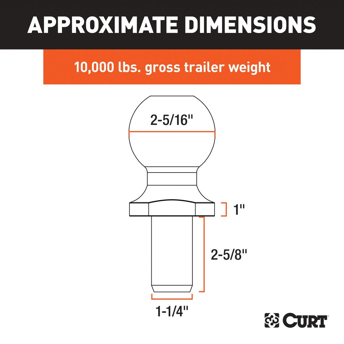 CURT 40035 Chrome Trailer Hitch Ball, 10,000 lbs, 2-Inch Rise, 2-5/16-Inch Diameter, 1-1/4 x 2-5/8-Inch Shank