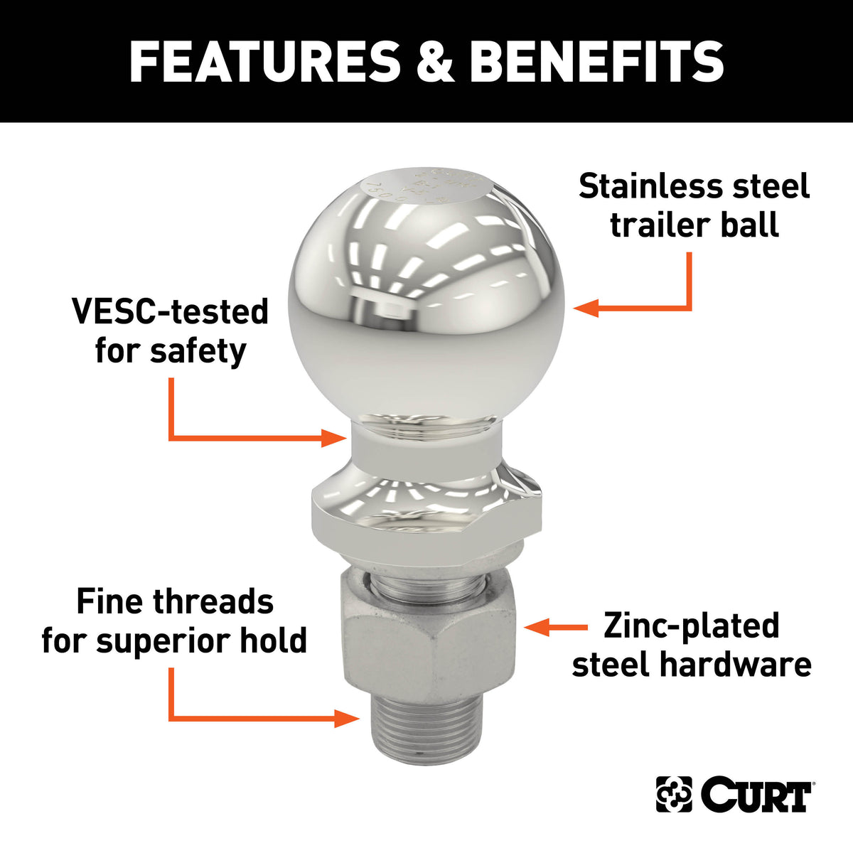 CURT 40055 Stainless Steel Trailer Hitch Ball, 15,000 lbs, 2-5/16-Inch Diameter, 1-1/4 x 2-5/8-Inch Shank