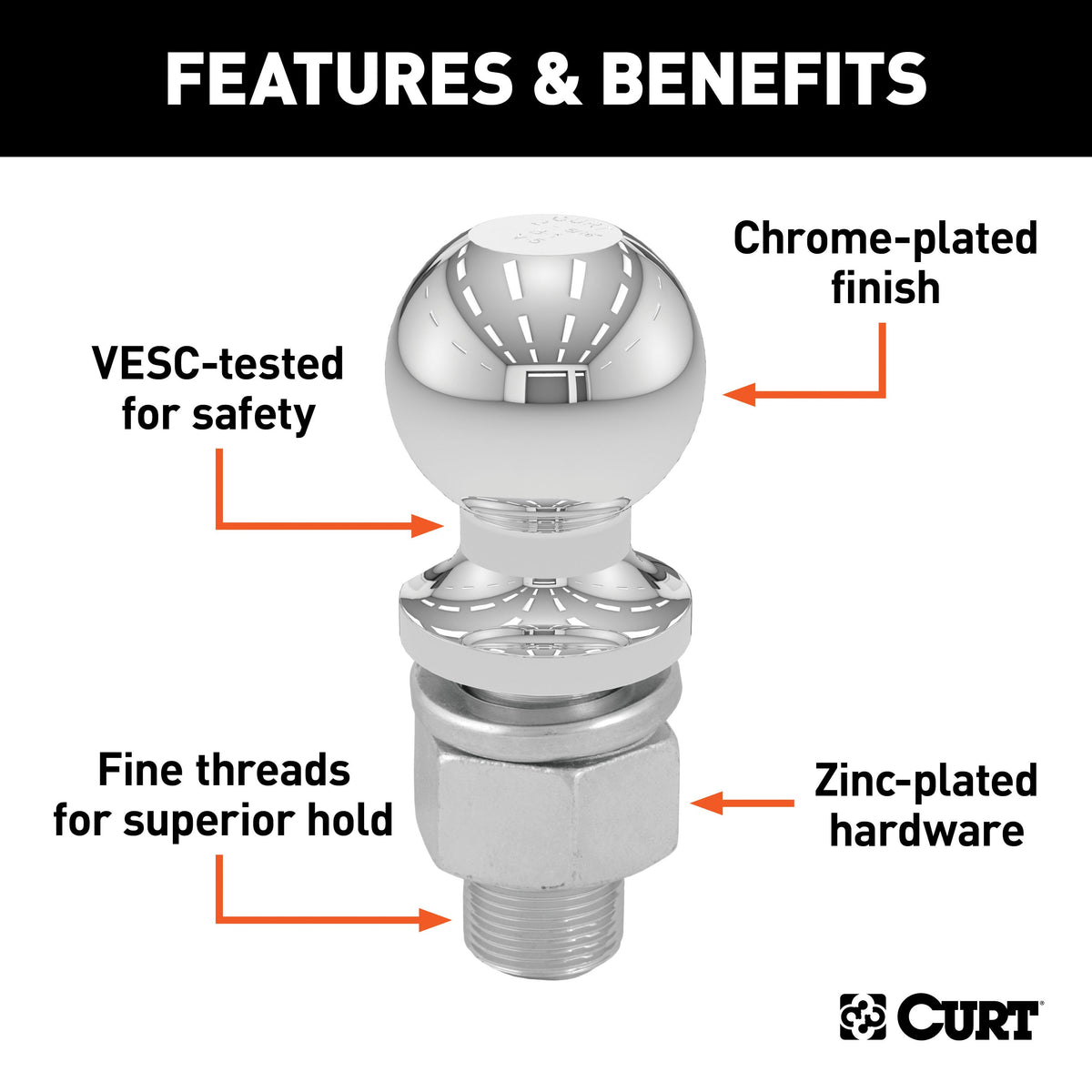 CURT 40066 Chrome Trailer Hitch Ball, 6,000 lbs, 2-Inch Diameter, 1 x 2-1/8-Inch Shank