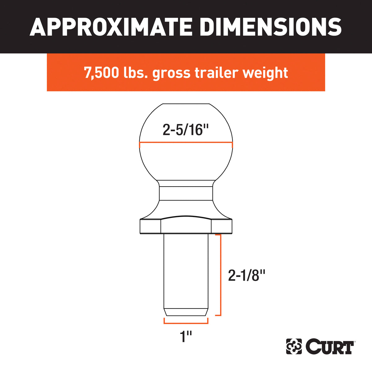 CURT 40067 Chrome Trailer Hitch Ball, 7,500 lbs, 2-5/16-Inch Diameter, 1 x 2-1/8-Inch Shank
