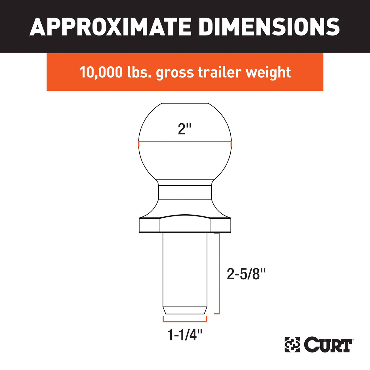 CURT 40090 Chrome Trailer Hitch Ball, 10,000 lbs, 2-Inch Diameter, 1-1/4 x 2-5/8-Inch Shank