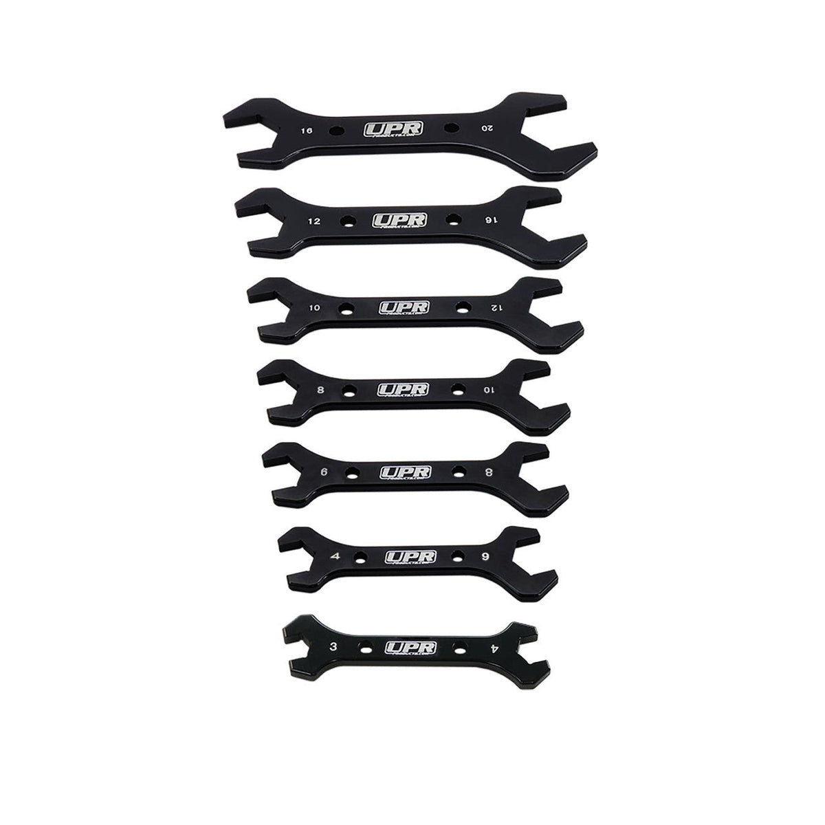7pc AN Wrench Set Specs: Absolutely the BEST AN Wrench Set Available!
#1 Wrench 3AN and 4AN  –  3B and 4B  –  (14.56mm and 13.02mm)
#2 Wrench 4AN and 6AN  –  4S and 6B  –  (17.1mm and 16.14mm)
#3 Wrench 6AN and 8AN  –  6S and 8B  –  (22.54mm and 19.38m)
#4 Wrench 8AN and 10AN  –  8S and 10B  –  (25.52mm and 22.5mm)
#5 Wrench 10AN and 12AN  –  10S and 12B  –  (32.1mm and 27.4mm)
#6 Wrench 12AN and 16AN  –  12S and 16B  –  (38.35mm and 30.5mm)
#7 Wrench 16AN and 20AN  –  16S and 20B  –  (46.54mm and37.1mm )
I