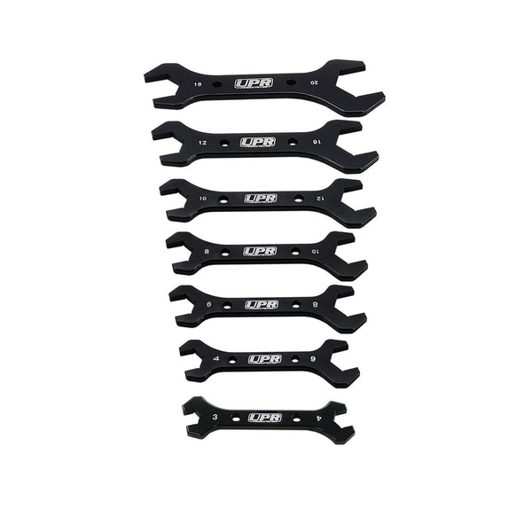 7pc AN Wrench Set Specs: Absolutely the BEST AN Wrench Set Available!
#1 Wrench 3AN and 4AN  –  3B and 4B  –  (14.56mm and 13.02mm)
#2 Wrench 4AN and 6AN  –  4S and 6B  –  (17.1mm and 16.14mm)
#3 Wrench 6AN and 8AN  –  6S and 8B  –  (22.54mm and 19.38m)
#4 Wrench 8AN and 10AN  –  8S and 10B  –  (25.52mm and 22.5mm)
#5 Wrench 10AN and 12AN  –  10S and 12B  –  (32.1mm and 27.4mm)
#6 Wrench 12AN and 16AN  –  12S and 16B  –  (38.35mm and 30.5mm)
#7 Wrench 16AN and 20AN  –  16S and 20B  –  (46.54mm and37.1mm )
I