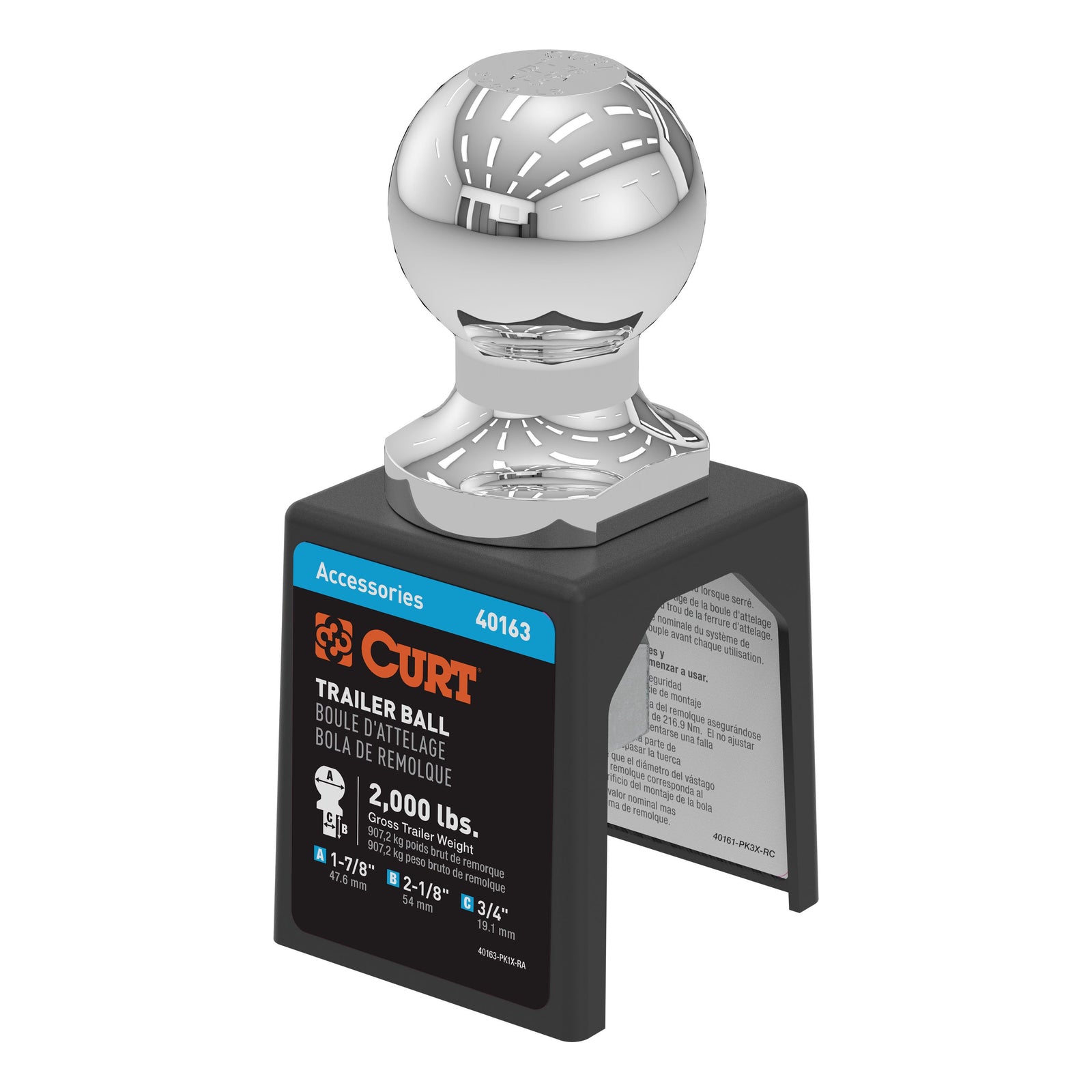 CURT 40163 Chrome Trailer Hitch Ball, 2,000 lbs, 1-7/8-Inch Diameter, 3/4 x 2-1/8-Inch Shank